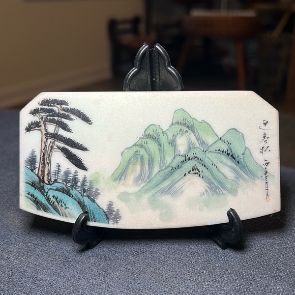 Vintage Asian Oriental handpainted mountain landscape stone tablet with stand - Picture 1 of 4